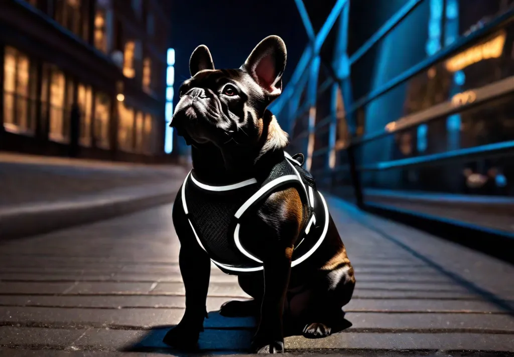 A rear view of a French Bulldog exploring a city at night