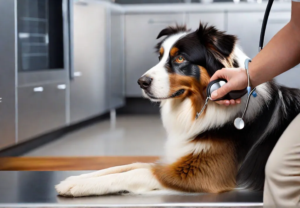 A senior Australian Shepherd undergoing a checkup with a vet focusing on