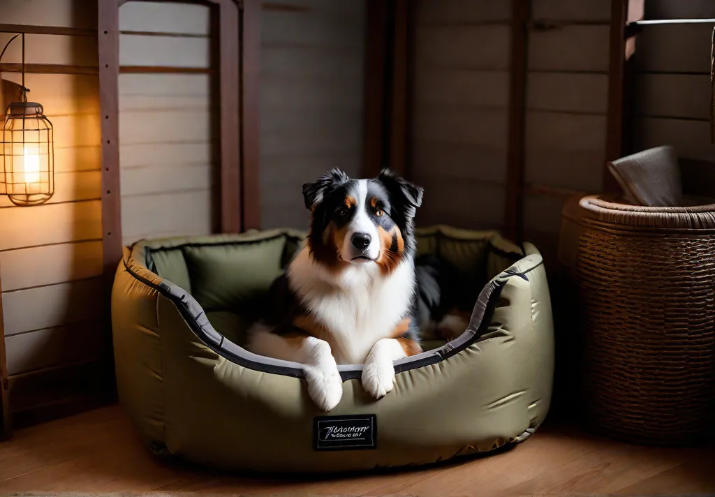 A serene Australian Shepherd resting in a cozy durable travel bed inside