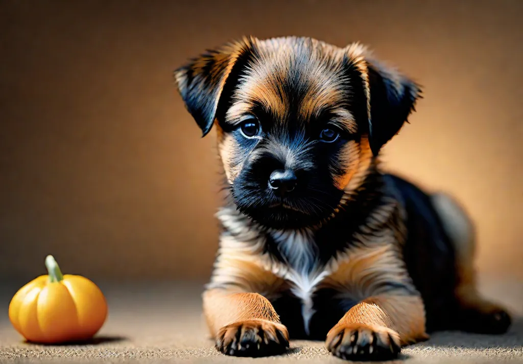 A serene image of a Border Terrier puppy lying next to a