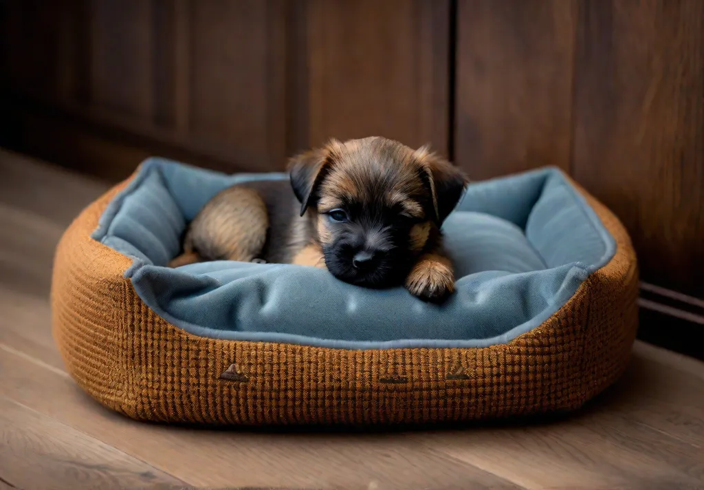 A serene photo of a Border Terrier puppy fast asleep on a