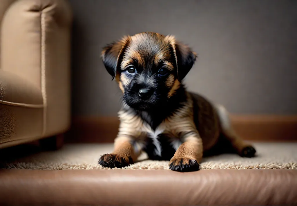 A serene picture of a Border Terrier puppy calmly lying in its