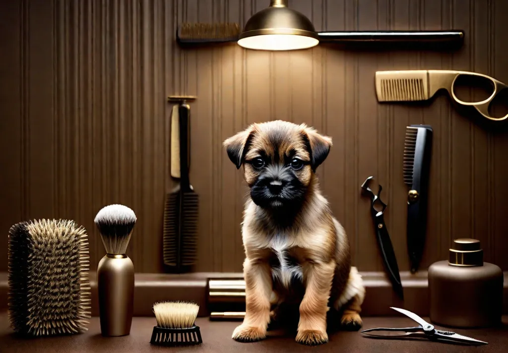 A serene setting featuring a Border Terrier puppy amidst a grooming session