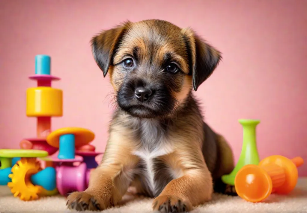 A snapshot of a Border Terrier puppy amid a variety of chew