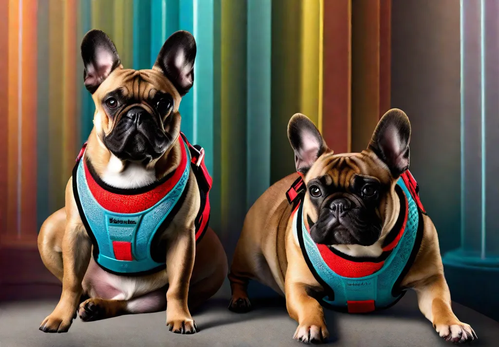 A stylish French Bulldog wearing a breathable mesh harness in a vibrant