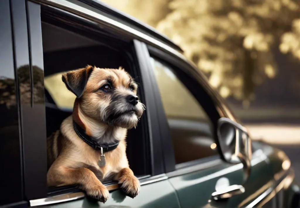 A stylized image of a Border Terrier embarking on a car adventure