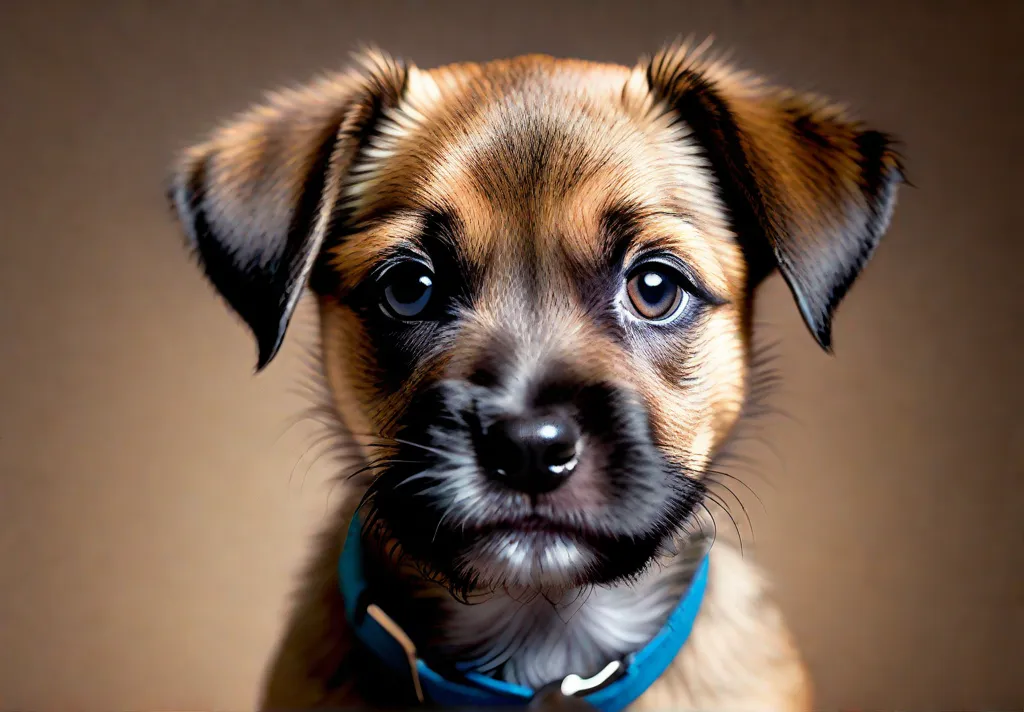 A tender portrait of a Border Terrier puppy looking up with large