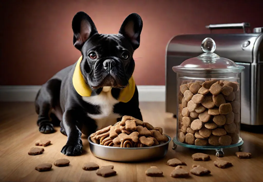 A thoughtful French Bulldog looking at an array of healthy dog treats