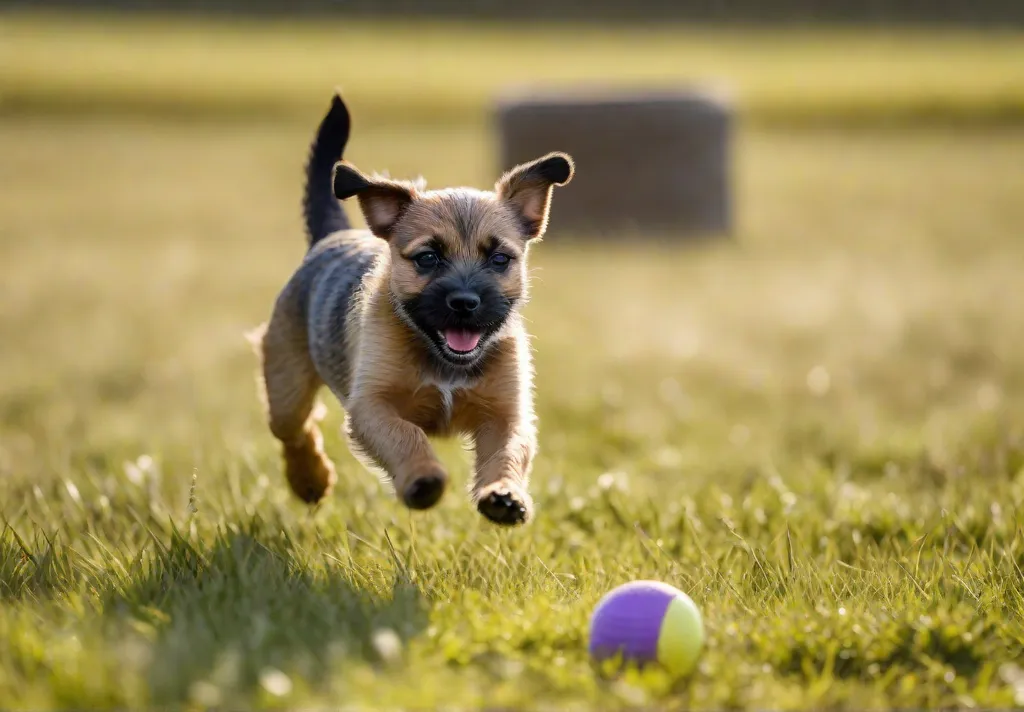 A vibrant photo of a Border Terrier puppy joyously catching a frisbee