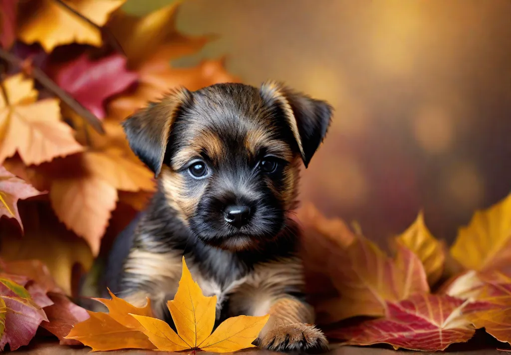 A vibrant photo of a Border Terrier puppy peeking out from a