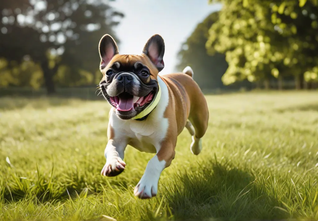 A vibrant sunlit image of a French Bulldog in midrun across a