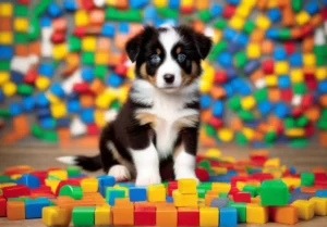 A young Australian Shepherd puppy amidst a pile of colorful puzzle toys