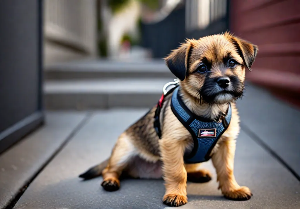 A young Border Terrier comfortably wearing a harness and leash for the