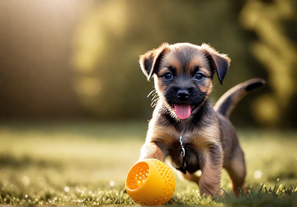 A young Border Terrier puppy gleefully playing with a durable nontoxic chew