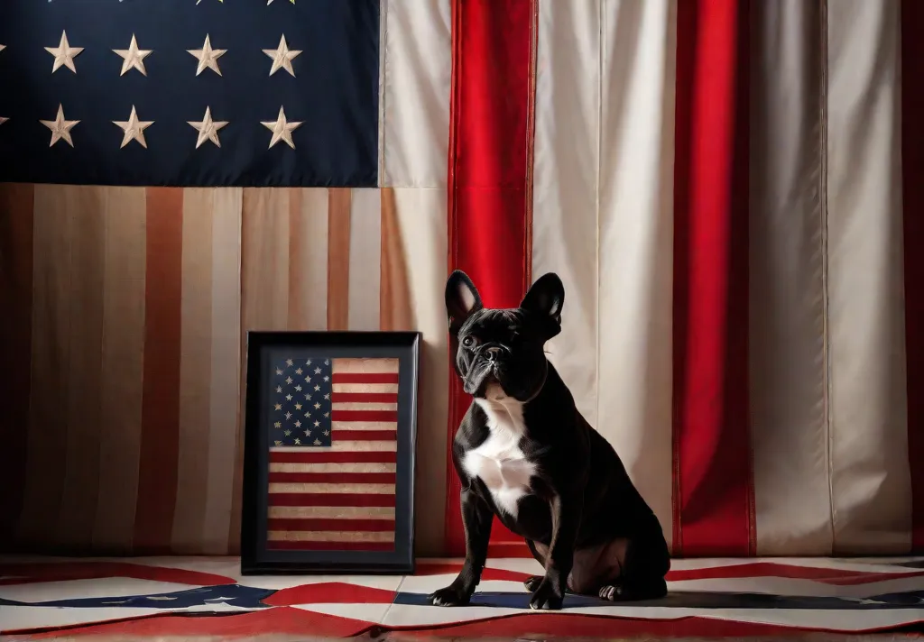 An American flag backdrop with a silhouette of a French Bulldog symbolizing