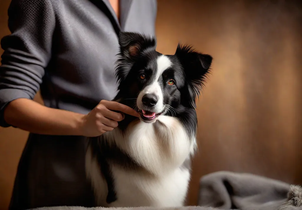 An Aussie during a grooming session being brushed with a specially designed