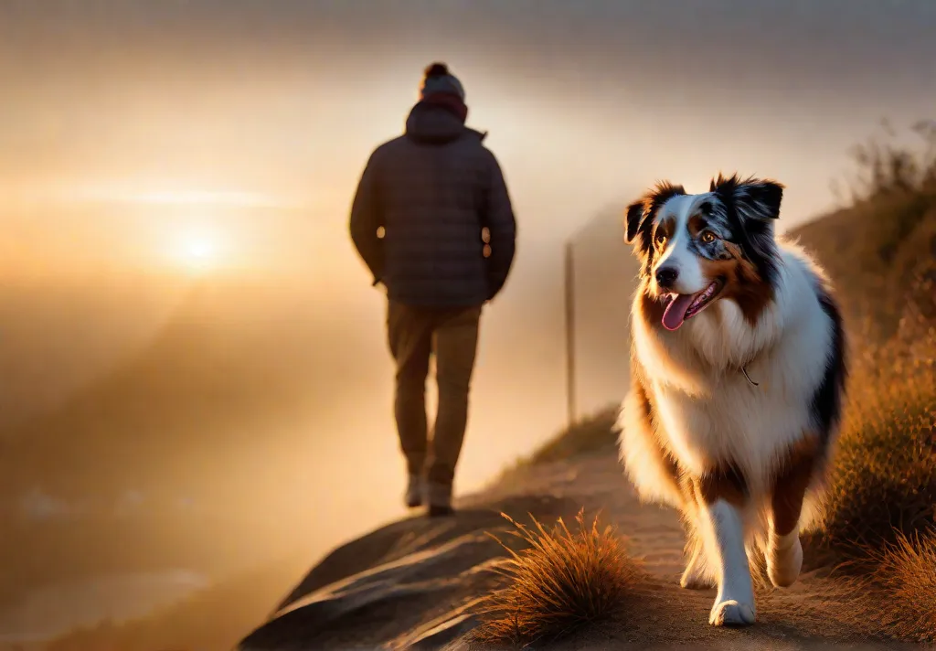 An Australian Shepherd and its owner starting their day with a sunrise