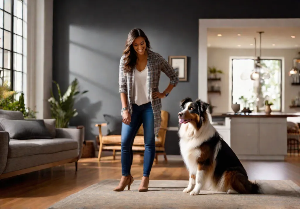 An Australian Shepherd and owner practicing new tricks in the living room