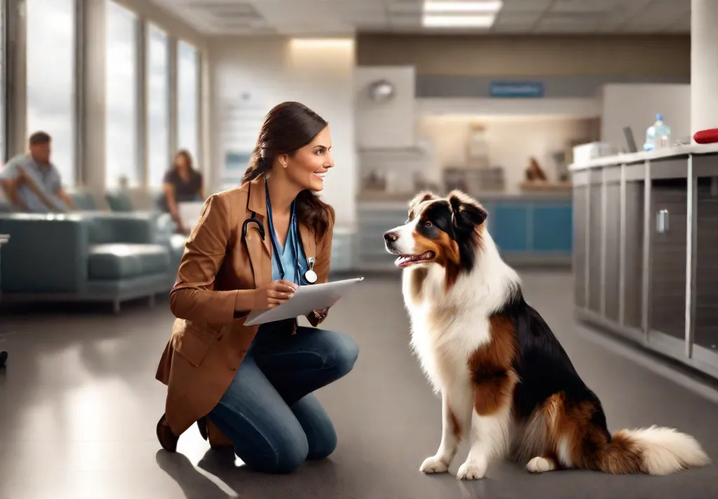 An Australian Shepherd calmly sitting in a vets office with comforting hands