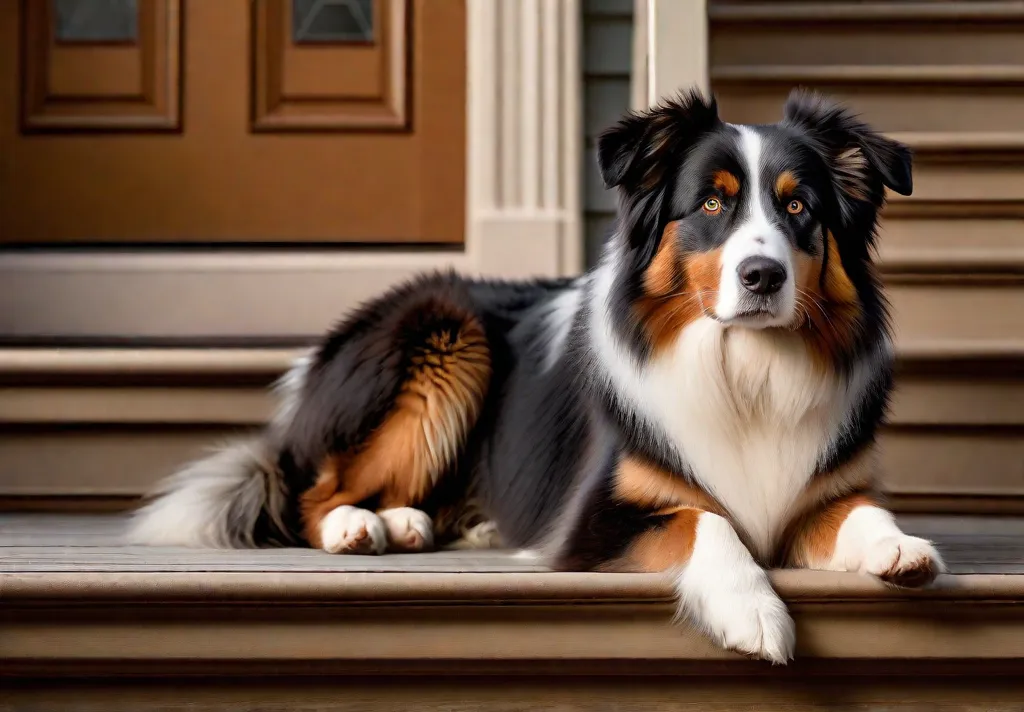 An Australian Shepherd calmly waiting behind an invisible line at the home 1