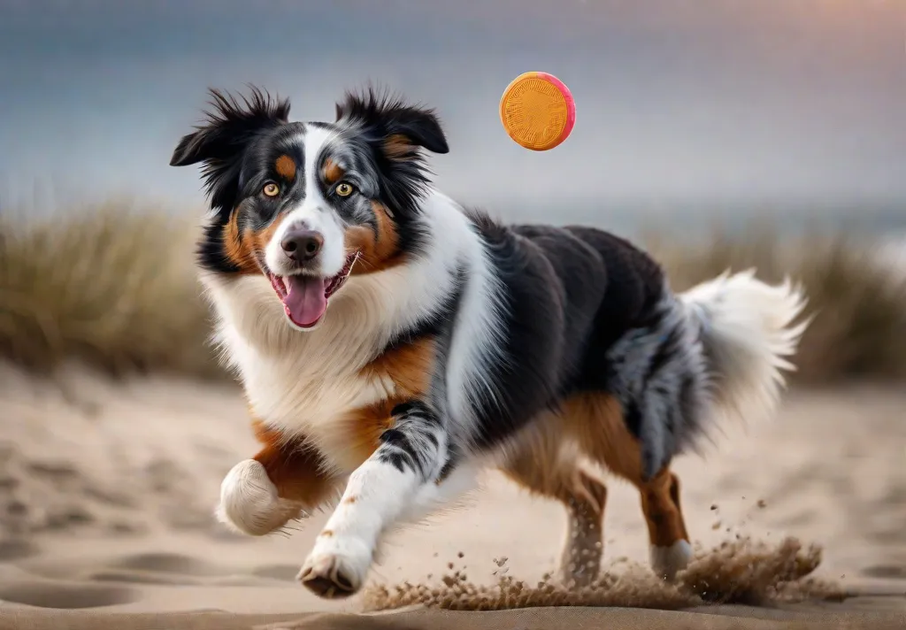 An Australian Shepherd catching a frisbee effortlessly in midair at the beach