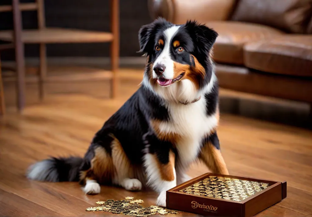 An Australian Shepherd engaging with a challenging puzzle toy solving it with