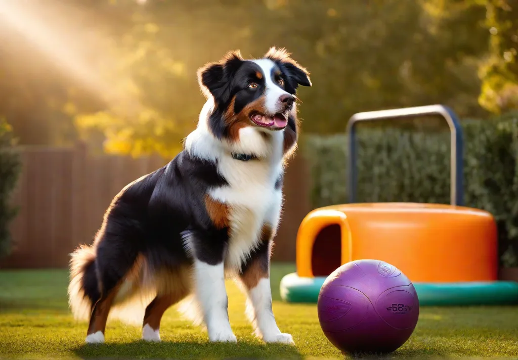 An Australian Shepherd engaging with an automatic ball launcher in a vibrant