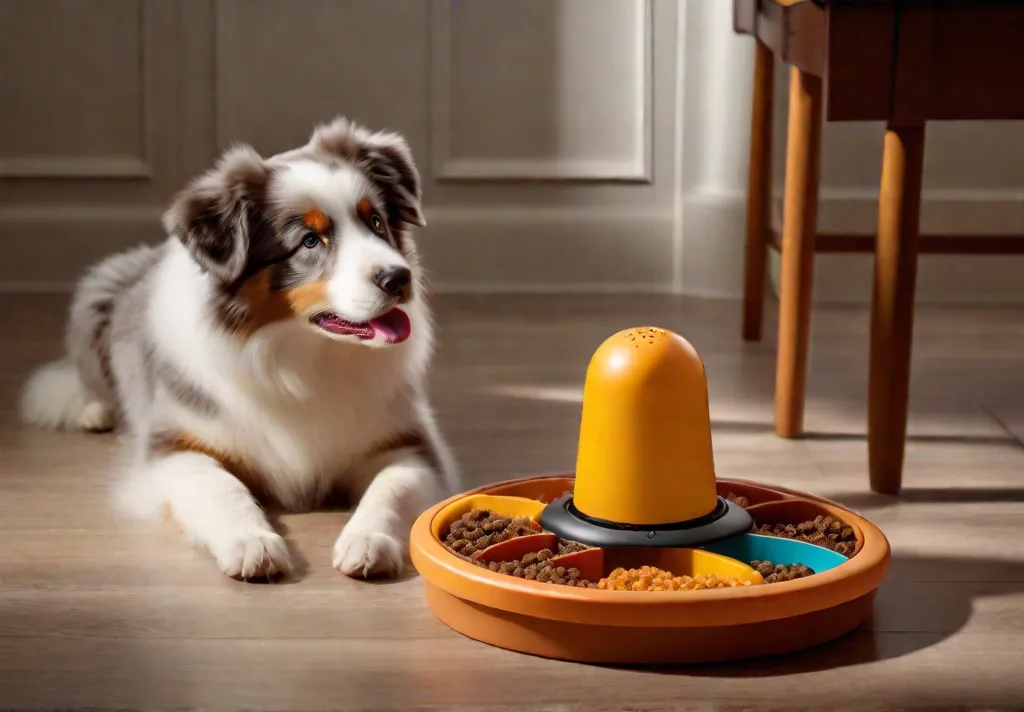 An Australian Shepherd engaging with an interactive feeding toy making mealtime fun