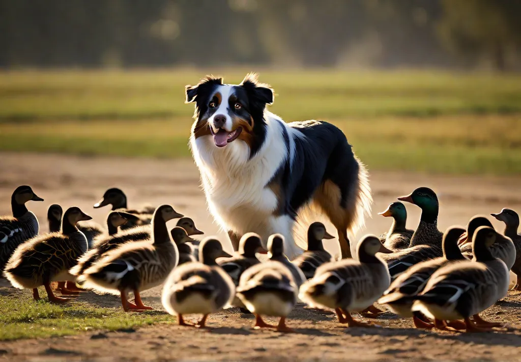 An Australian Shepherd herding a group of ducks in an open field