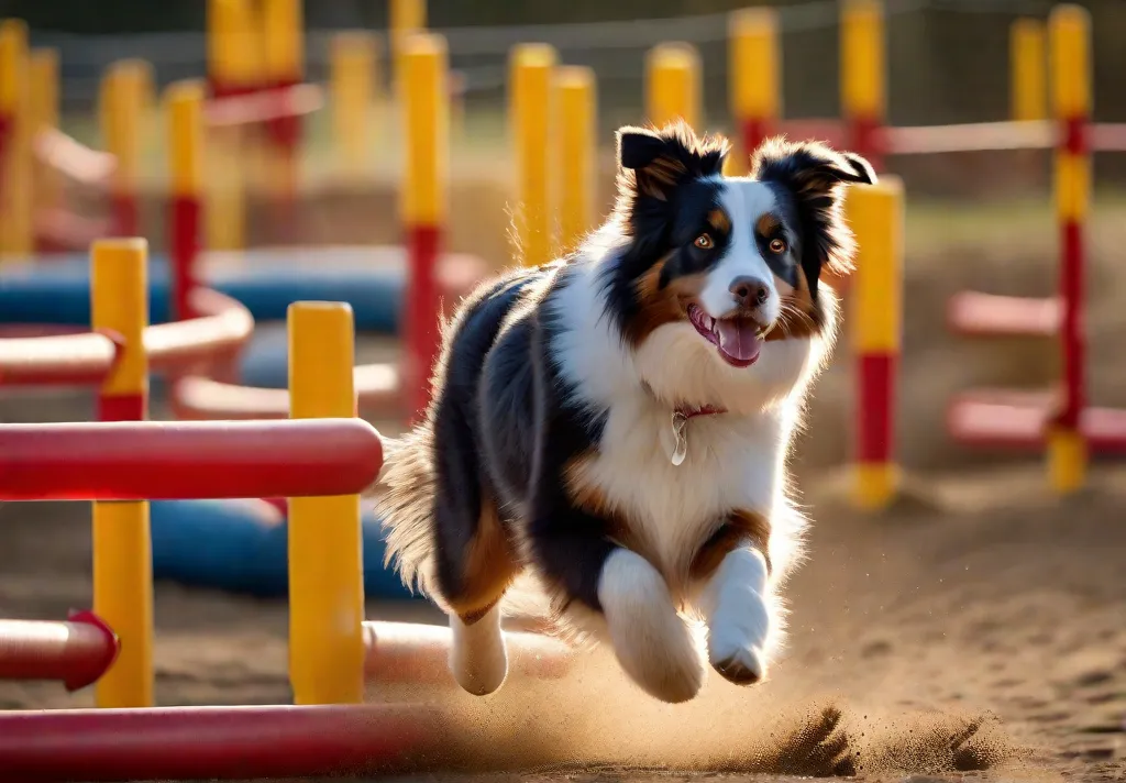 An Australian Shepherd joyously running through an obstacle course demonstrating the importance