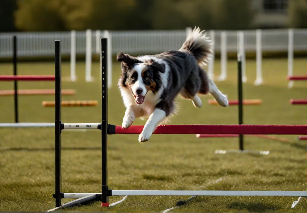 An Australian Shepherd leaping gracefully over a hurdle in an agility course