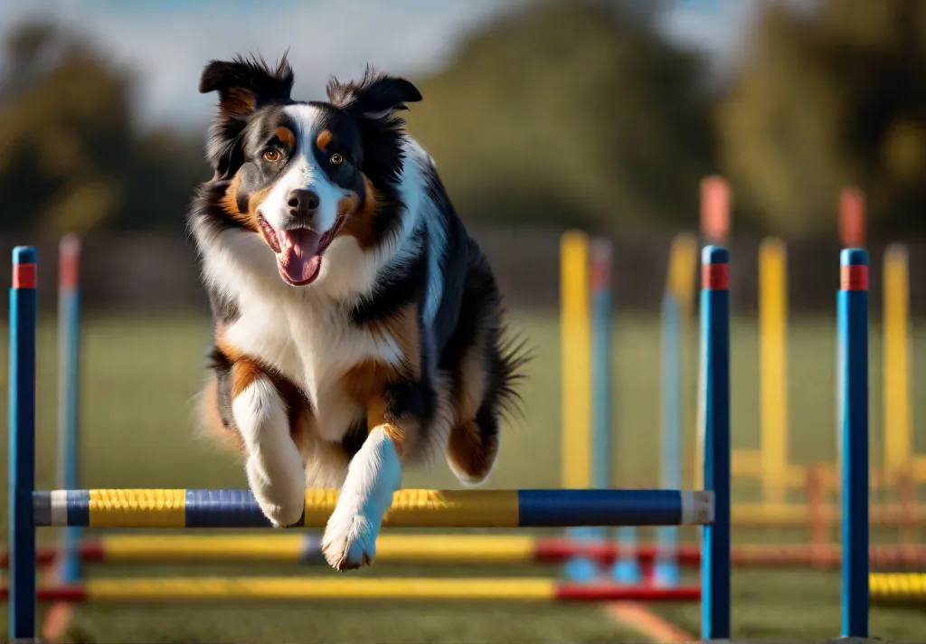 An Australian Shepherd leaping gracefully over an agility hurdle showcasing its energy