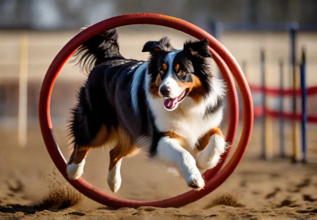 An Australian Shepherd leaping gracefully through a hoop during agility training showcasing