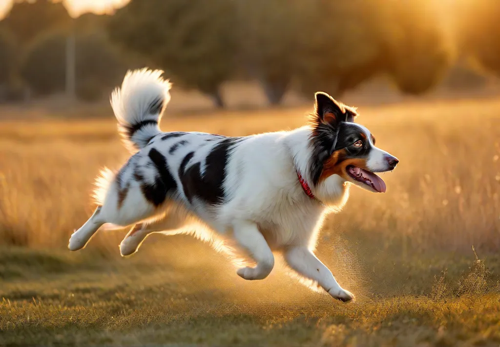 An Australian Shepherd leaping to catch a frisbee at sunset highlighting the