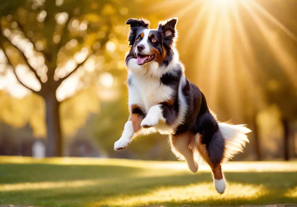 An Australian Shepherd leaping to catch a frisbee in a sunfilled park