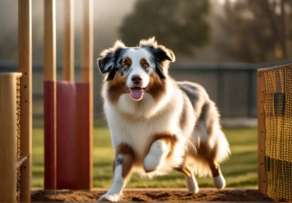 An Australian Shepherd navigating an agility course set up in a safe