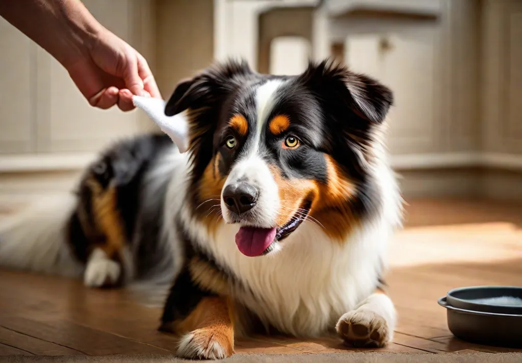 An Australian Shepherd patiently waiting as their owner cleans their ears with