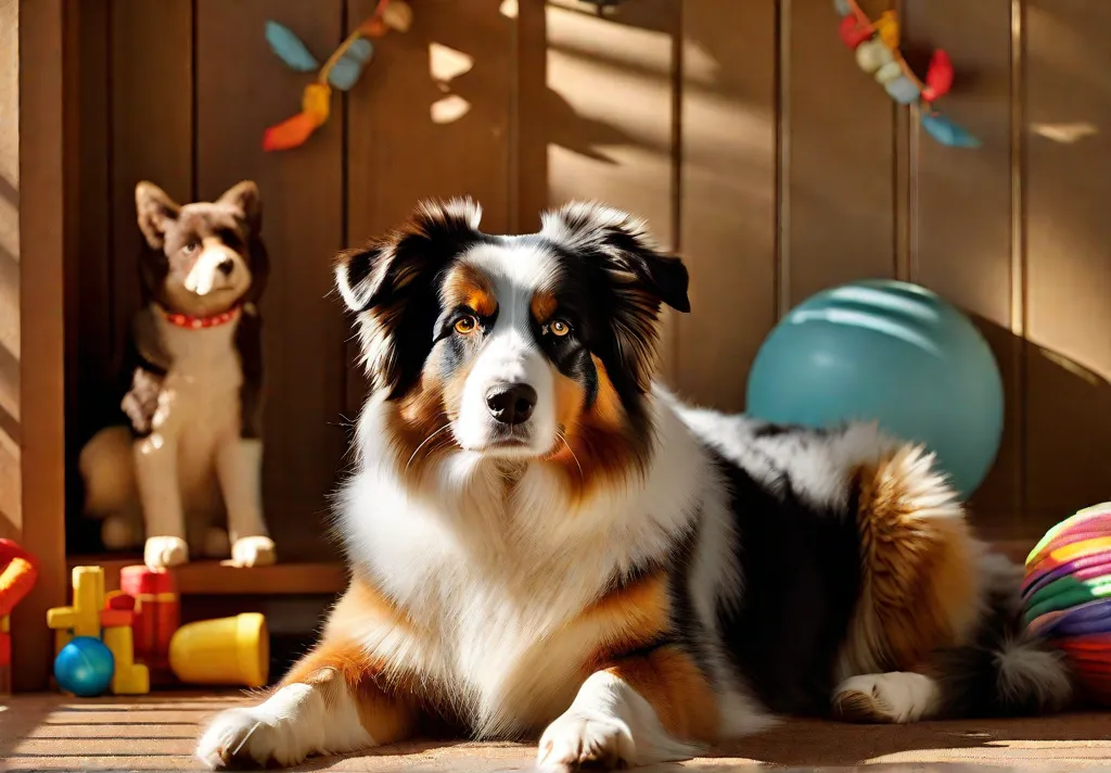 An Australian Shepherd resting in a sunny spot of the house with