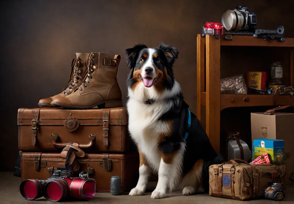 An Australian Shepherd sitting next to a variety of Aussieapproved gear toys