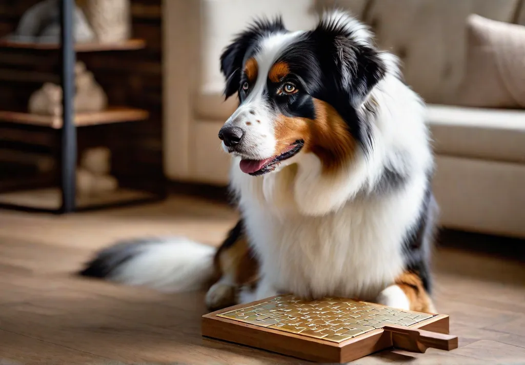 An Australian Shepherd solving a puzzle toy focusing on the mental stimulation