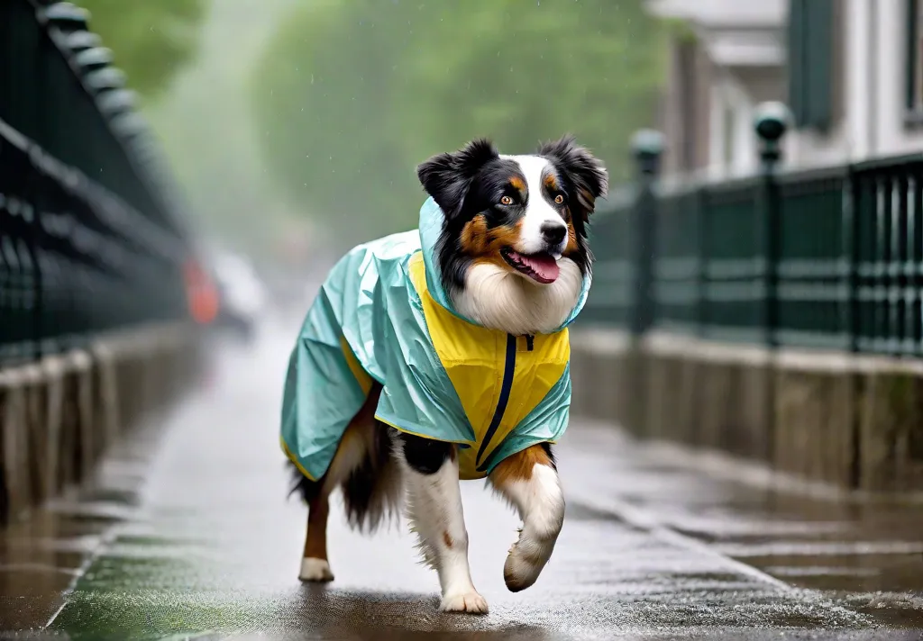 An Australian Shepherd wearing a light raincoat being exercised during a rainy