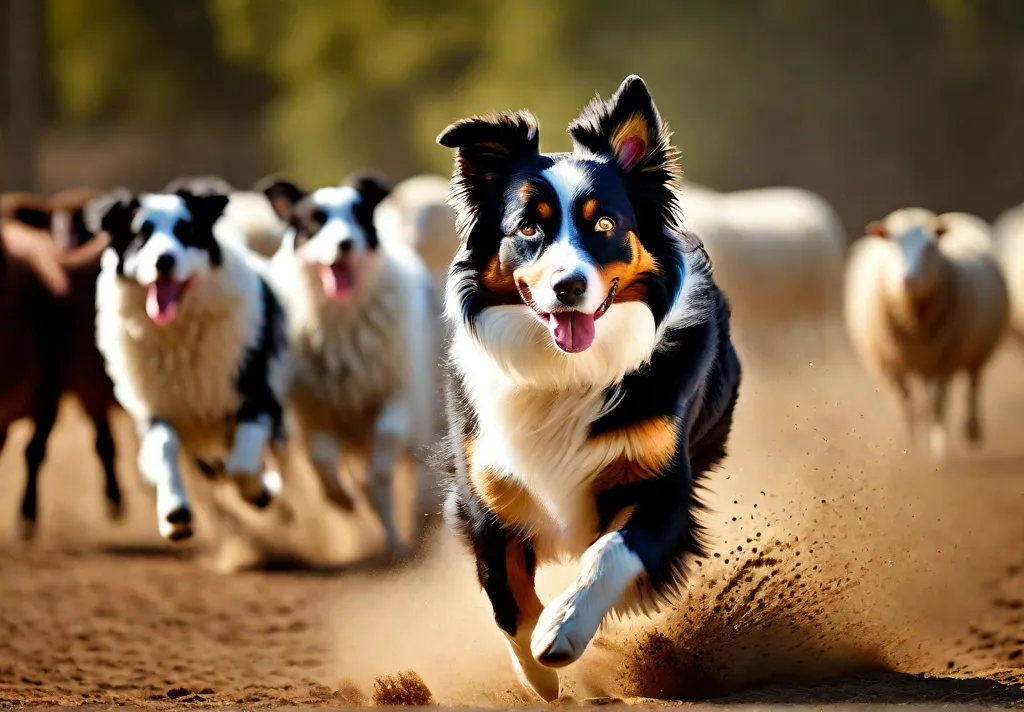 An action shot capturing an Australian Shepherd herding sheep displaying the breeds