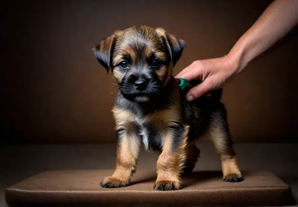 An action shot of a Border Terrier puppy enjoying a brushing session