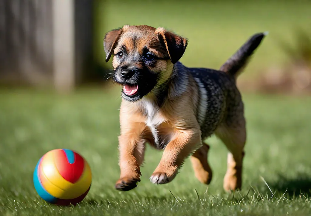 An action shot of a Border Terrier puppy in midplay its mouth