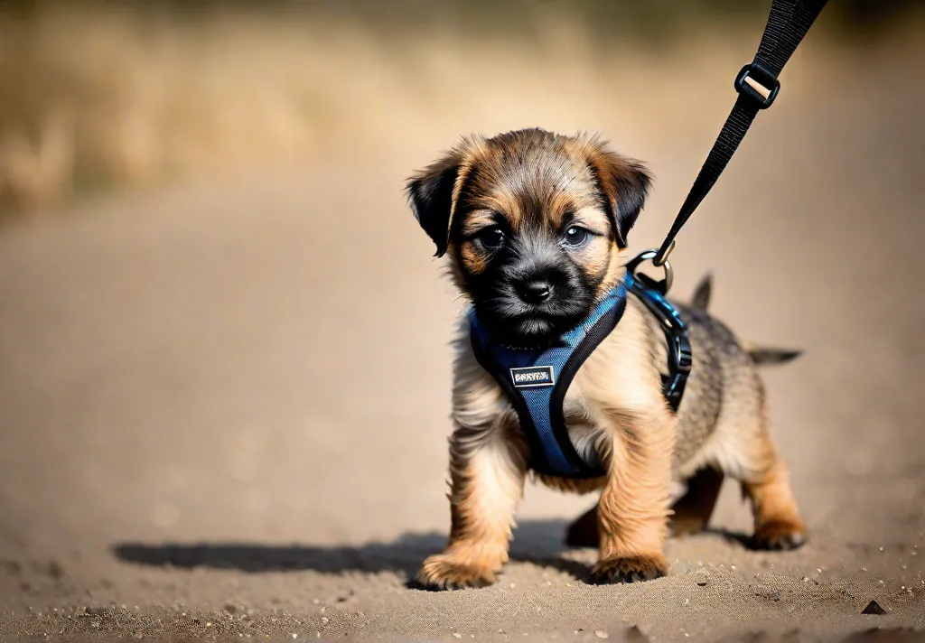 An action shot of a Border Terrier puppy on its first walk