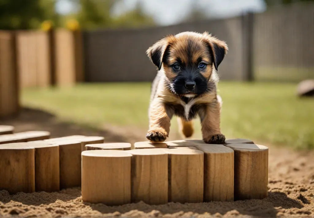 An action shot of a Border Terrier puppy triumphantly completing a small