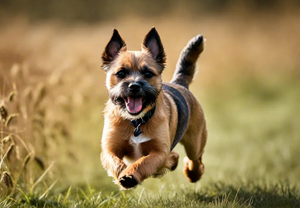 An action shot of a Border Terrier running through a field illustrating