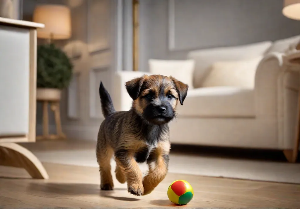 An animated Border Terrier puppy chasing a rolling interactive toy across the