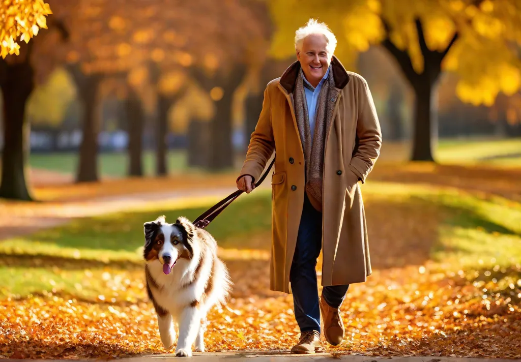 An elderly Australian Shepherd walking in a park with its owner its