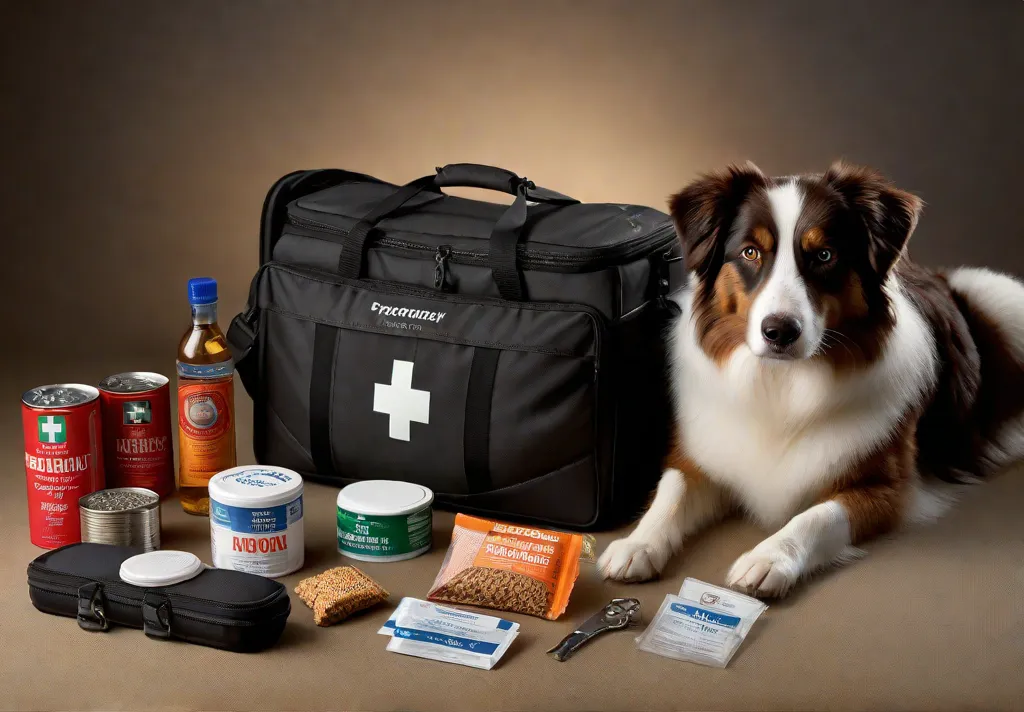 An emergency preparedness kit tailored for an Australian Shepherd with items like